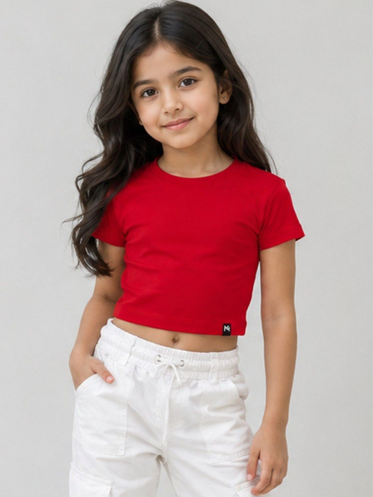 Minute Mirth Girls’ Cotton Solid Crop T-shirt (Red, Pack Of 1)