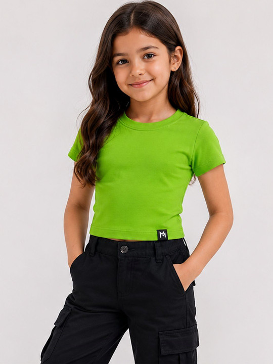 Minute Mirth Girls’ Cotton Solid Crop T-shirt (Green, Pack Of 1)