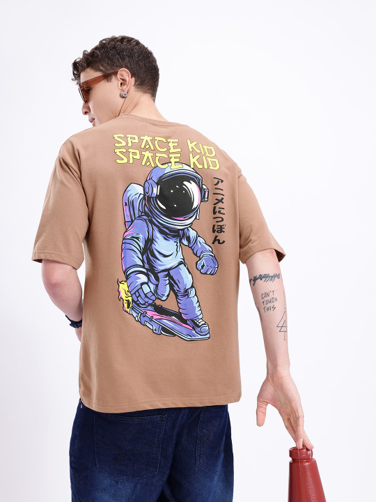 Minute Mirth Men’s Anime Nippon Graphic Printed Pure Cotton Oversized T-shirt (Brown, Pack Of 1)