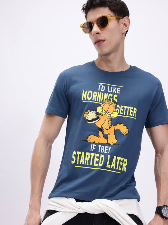 Minute Mirth Men’s Garfield Humour & Comic Printed T-shirt (Blue, Pack Of 1)