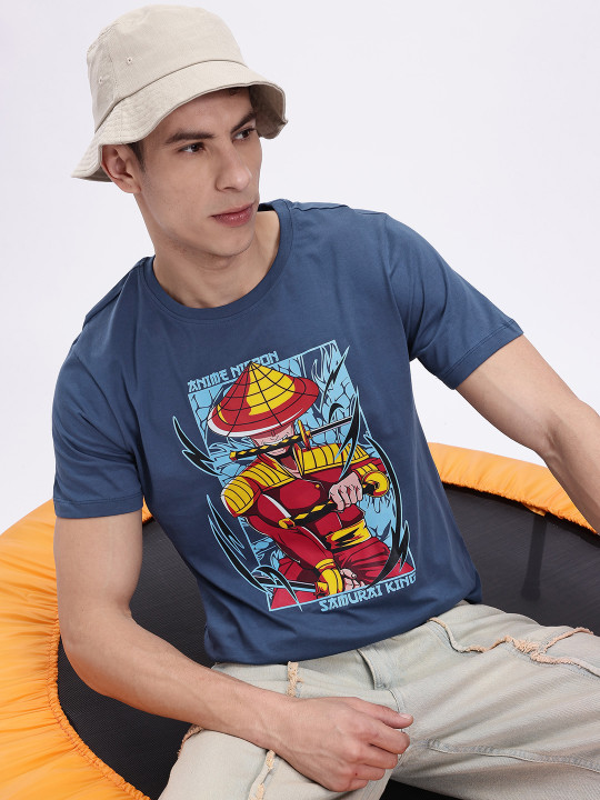 Minute Mirth Men’s Anime Nippon Graphic Printed Pure Cotton T-shirt (Blue, Pack Of 1)