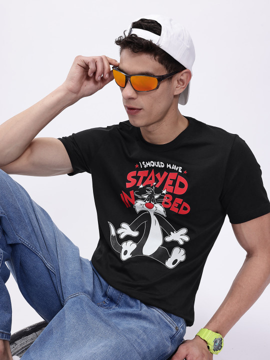 Minute Mirth Men’s Sylvester the Cat Printed Pure Cotton T-shirt (Black, Pack Of 1)