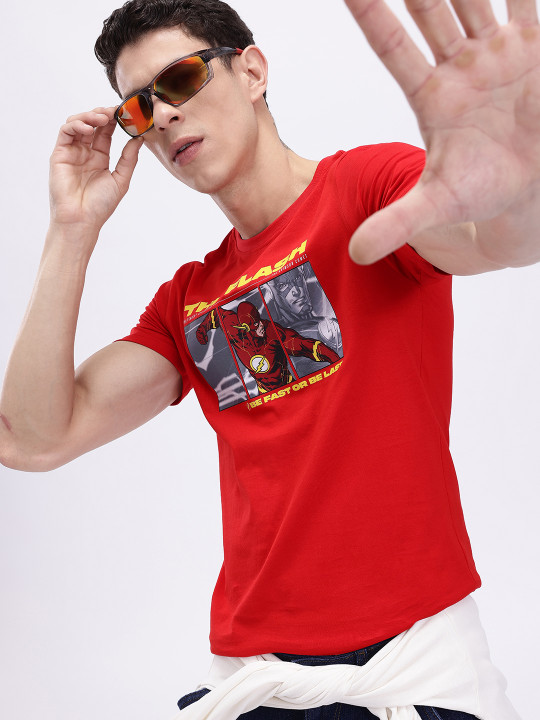 Minute Mirth Men’s Flash Superhero Printed Cotton T-shirt (Red, Pack Of 1)