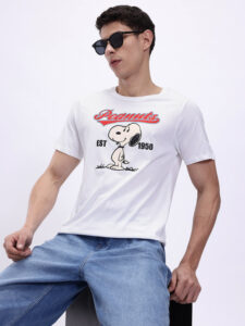 Minute Mirth Men’s Peanuts Printed Pure Cotton T-shirt (White, Pack Of 1)