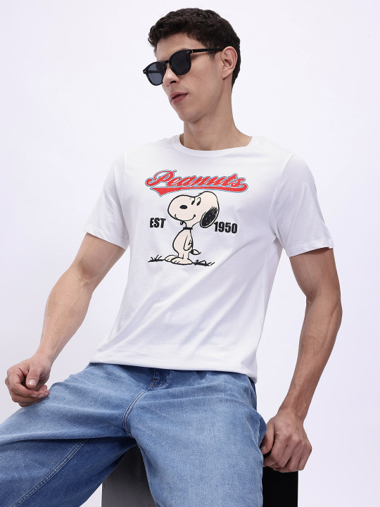 Minute Mirth Men’s Peanuts Printed Pure Cotton T-shirt (White, Pack Of 1)