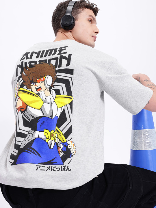 Minute Mirth Men’s Anime Nippon Graphic Printed Oversized T-shirt (Grey, Pack Of 1)