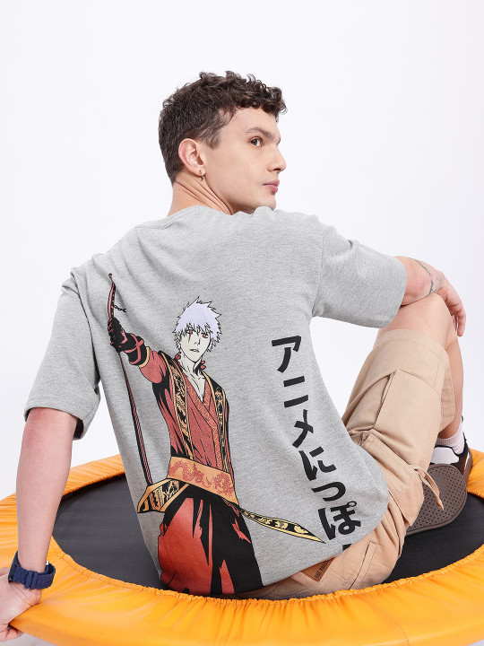 Minute Mirth Men’s Anime Nippon Graphic Printed Oversized T-shirt (Grey, Pack Of 1)