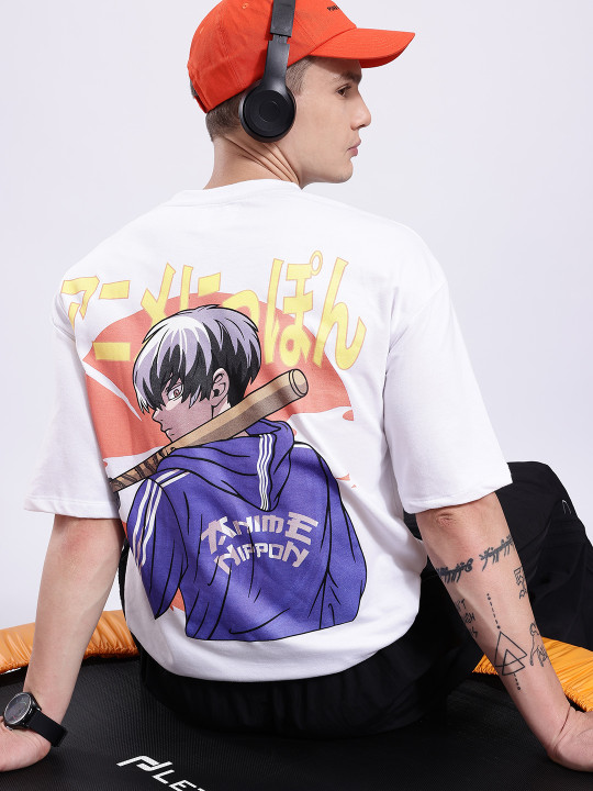Minute Mirth Men’s Anime Nippon Printed Pure Cotton Oversized T-shirt (White, Pack Of 1)