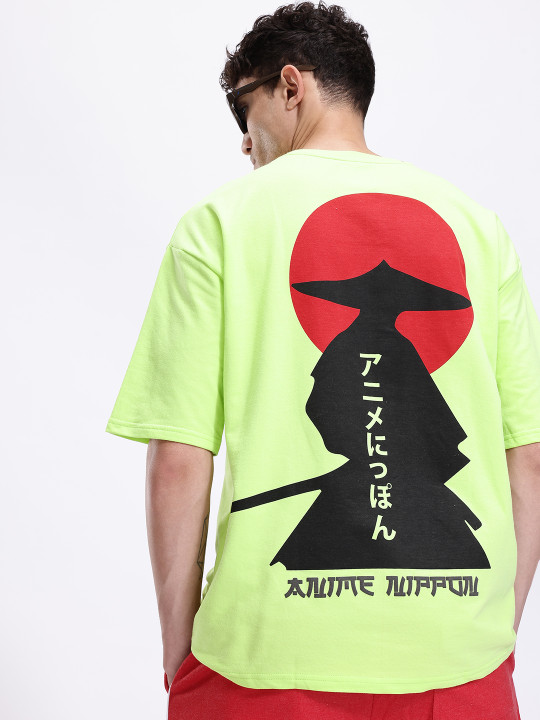 Minute Mirth Men’s Anime Nippon Printed Pure Cotton Oversized T-shirt (Lime Green, Pack Of 1)