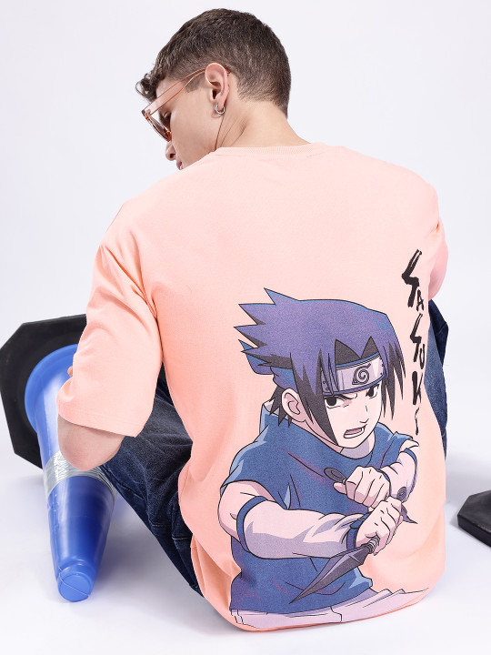 Minute Mirth Men’s Naruto Printed Pure Cotton Oversized T-shirt (Pink, Pack Of 1)
