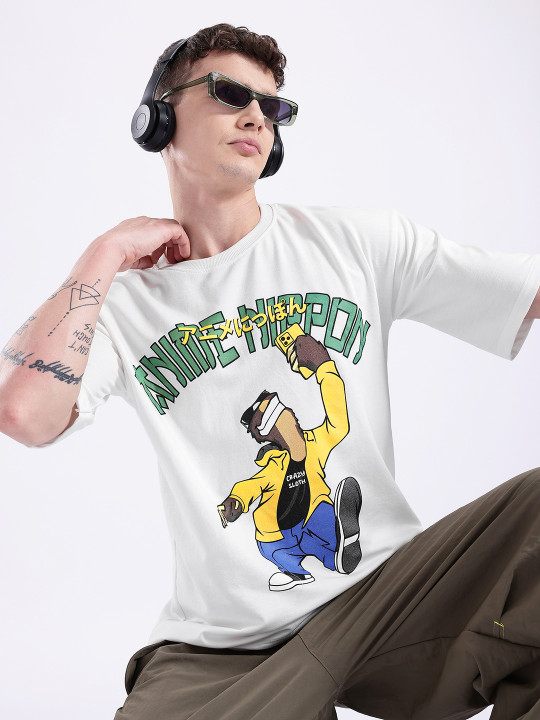 Minute Mirth Men’s Anime Nippon Graphic Printed Pure Cotton Oversized T-shirt (White, Pack Of 1)
