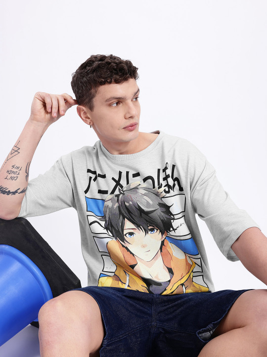 Minute Mirth Men’s Anime Nippon Graphic Printed Pure Cotton Oversized T-shirt (Grey, Pack Of 1)