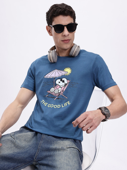Minute Mirth Men’s Peanuts Graphic Printed Pure Cotton T-shirt (Blue, Pack Of 1)