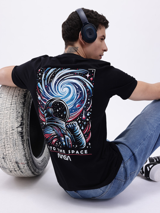 Minute Mirth Men’s NASA Graphic Printed Pure Cotton T-shirt (Black, Pack Of 1)