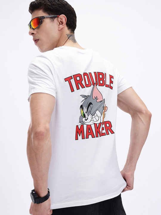 Minute Mirth Men’s Tom & Jerry Printed Pure Cotton T-shirt (White, Pack Of 1)