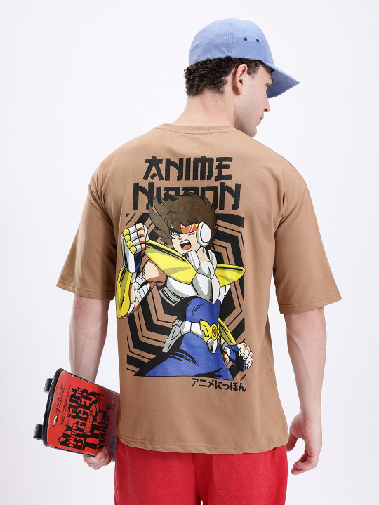 Minute Mirth Men’s Anime Nippon Graphic Printed Oversized T-shirt (Brown, Pack Of 1)