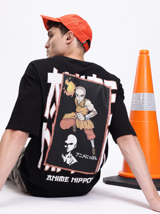 e Mirth Men’s Anime Nippon Printed Pure Cotton Oversized T-shirt (Black, Pack Of 1)