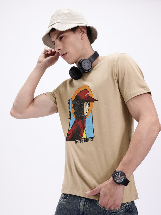 Minute Mirth Men’s Anime Nippon Graphic Printed Pure Cotton T-shirt (Brown, Pack Of 1)
