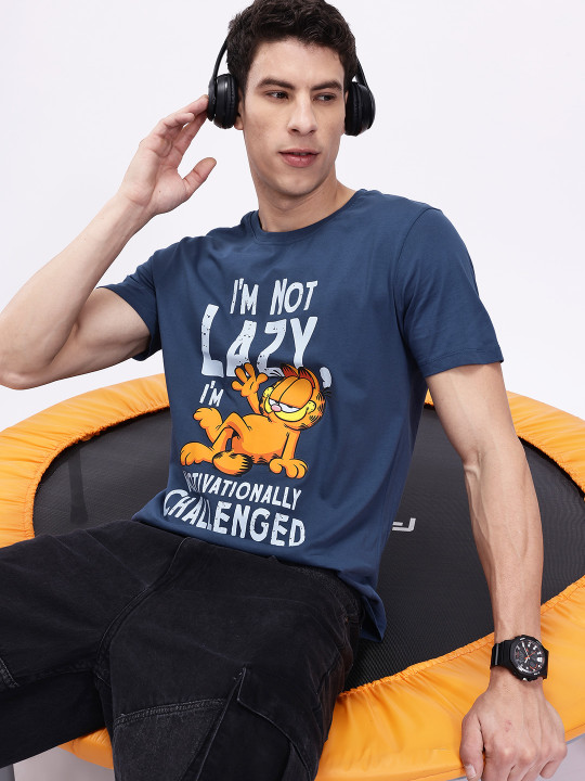 Minute Mirth Men’s Garfield Printed Pure Cotton Regular Fit T-shirt (Blue, Pack Of 1)