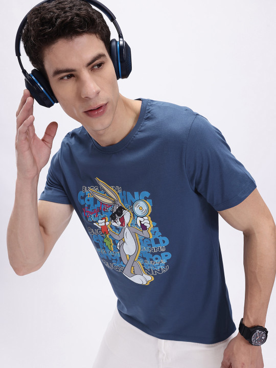 Minute Mirth Men’s Bugs Bunny Humour & Comic Printed Cotton T-shirt (Blue, Pack Of 1)