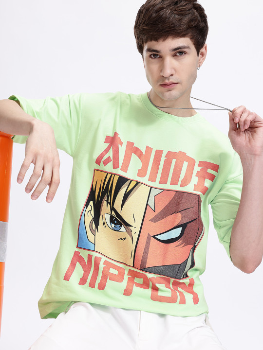 Minute Mirth Men’s Anime Nippon Graphic Printed Pure Cotton Oversized T-shirt (Green, Pack Of 1)