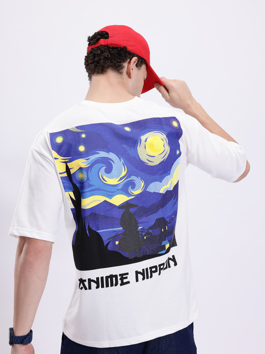 Minute Mirth Men’s Anime Nippon Graphic Printed Oversized T-shirt (Off White, Pack Of 1)