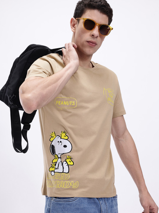 Minute Mirth Men’s Peanuts Printed Pure Cotton T-shirt (Beige, Pack Of 1)