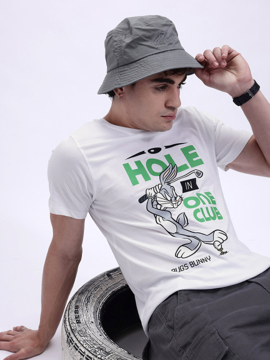 Minute Mirth Men’s Bugs Bunny Graphic Printed Pure Cotton T-shirt (White, Pack Of 1)