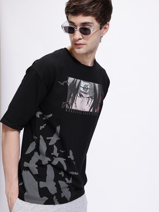 Minute Mirth Men’s Naruto Humour & Comic Printed Pure Cotton Oversized T-shirt (Black, Pack Of 1)
