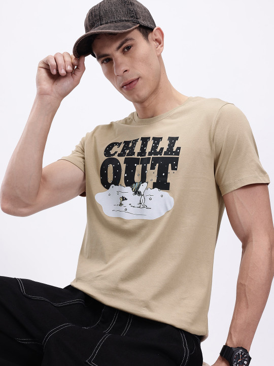 Minute Mirth Men’s Peanuts Graphic Printed Pure Cotton T-shirt (Brown, Pack Of 1)