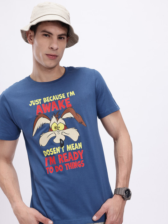 Minute Mirth Men’s Wile E. Coyote Graphic Printed Pure Cotton T-shirt (Blue, Pack Of 1)