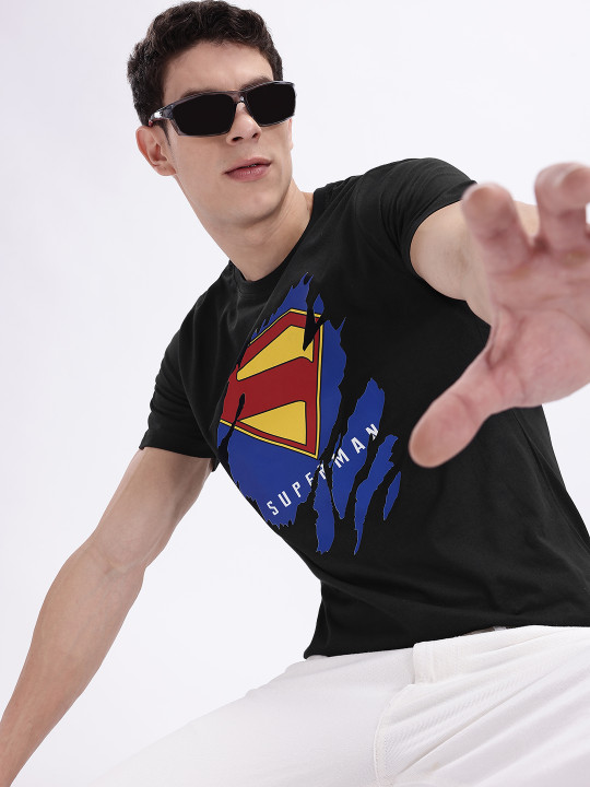 Minute Mirth Men’s Superman Humour & Comic Printed Cotton T-shirt (Black, Pack Of 1)