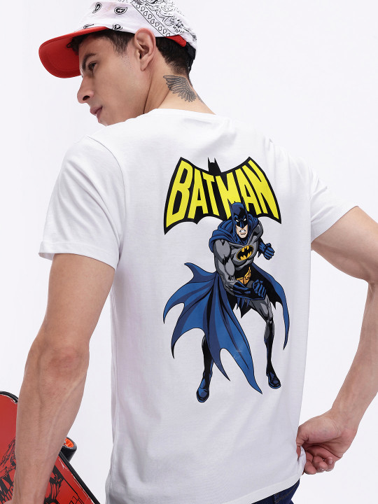 Minute Mirth Men’s Batman Superhero Printed Cotton T-shirt (White, Pack Of 1)