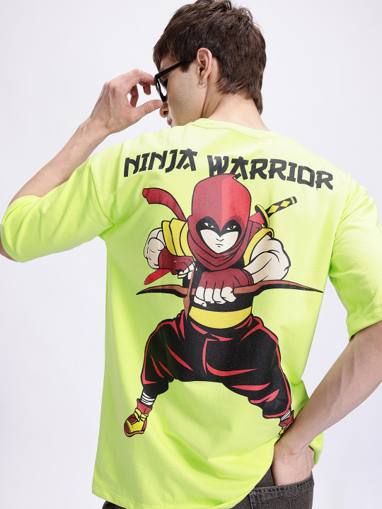 Minute Mirth Men’s Anime Nippon Printed Pure Cotton Oversized T-shirt (Fluorescent Green, Pack Of 1)