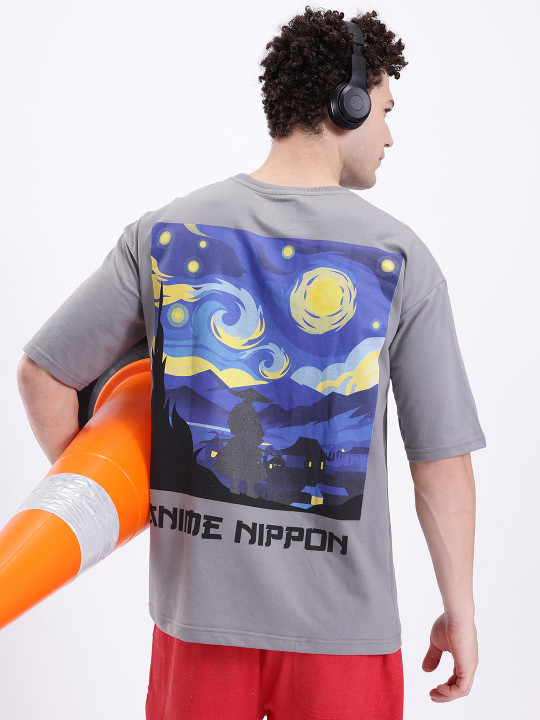 Minute Mirth Men’s Anime Nippon Graphic Printed Oversized T-shirt (Grey, Pack Of 1)