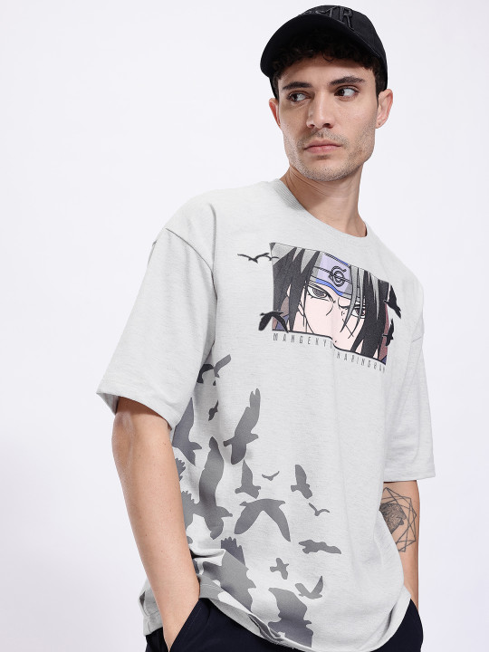 Minute Mirth Men’s Naruto Graphic Printed Pure Cotton Oversized T-shirt (Grey, Pack Of 1)