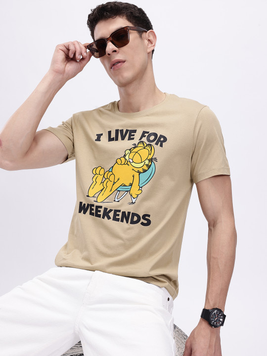Minute Mirth Men’s Garfield Printed Pure Cotton T-shirt (Brown, Pack Of 1)