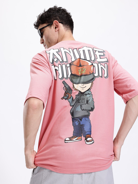 Minute Mirth Men’s Anime Nippon Printed Oversized T-shirt (Pink, Pack Of 1)