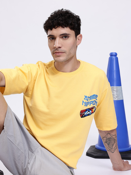 Minute Mirth Men’s Anime Nippon Graphic Printed Pure Cotton Oversized T-shirt (Yellow, Pack Of 1)