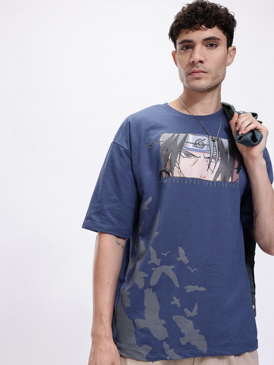 Minute Mirth Men’s Naruto Graphic Printed Pure Cotton Oversized T-shirt (Blue, Pack Of 1)