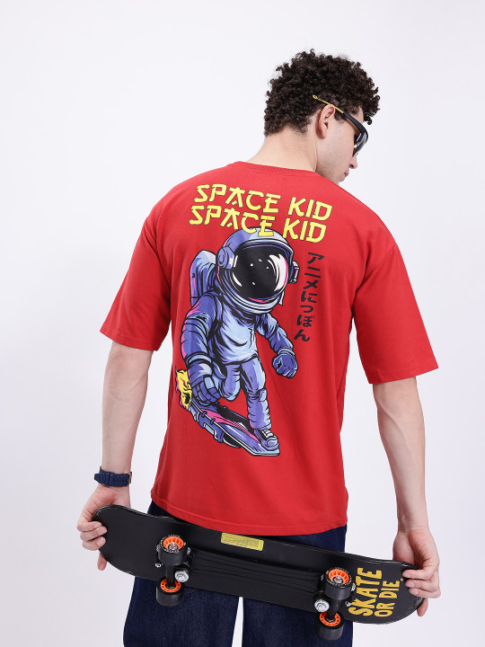 Minute Mirth Men’s Anime Nippon Graphic Printed Pure Cotton Oversized T-shirt (Red, Pack Of 1)