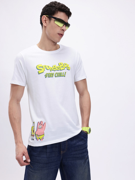 Minute Mirth Men’s Spongebob Printed Pure Cotton Regular Fit T-shirt (White, Pack Of 1)