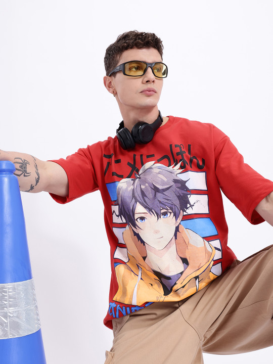 Minute Mirth Men’s Anime Nippon Graphic Printed Pure Cotton Oversized T-shirt (Red, Pack Of 1)