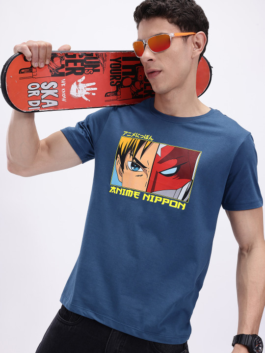 Minute Mirth Men’s Anime Humour & Comic Printed Cotton T-shirt (Blue, Pack Of 1)