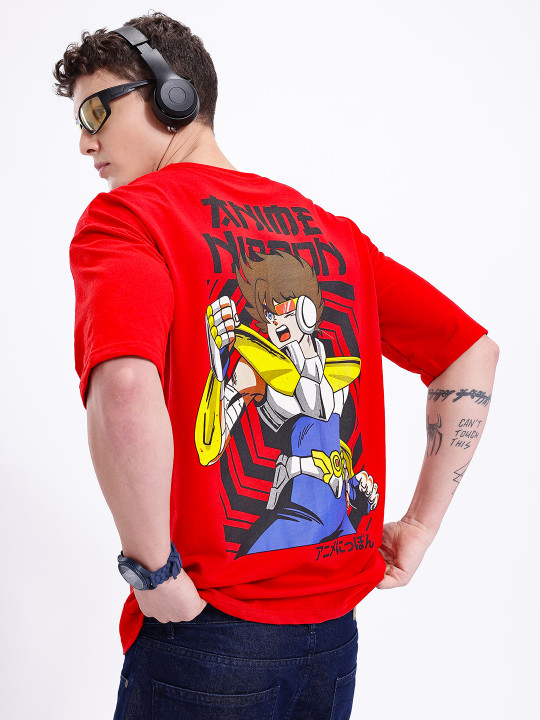 Minute Mirth Men’s Anime Nippon Graphic Printed Oversized T-shirt (Red, Pack Of 1)