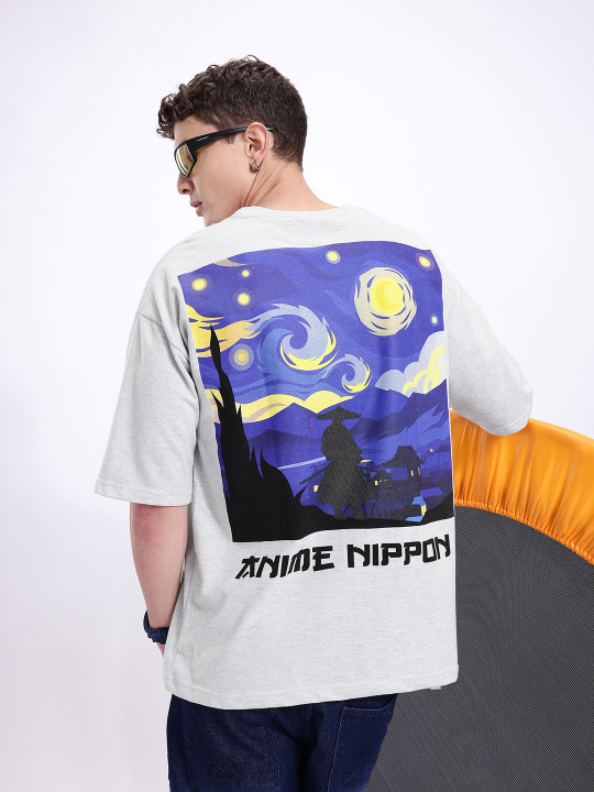 Minute Mirth Men’s Anime Nippon Graphic Printed Oversized T-shirt (Grey, Pack Of 1)