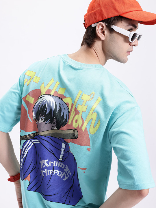 Minute Mirth Men’s Anime Nippon Graphic Printed Pure Cotton Oversized T-shirt (Blue, Pack Of 1)