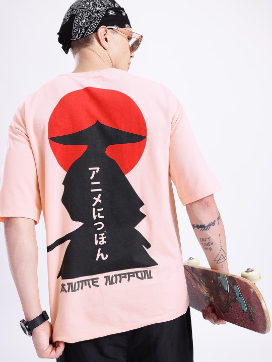 Minute Mirth Men’s Anime Nippon Printed Pure Cotton Oversized T-shirt (Pink, Pack Of