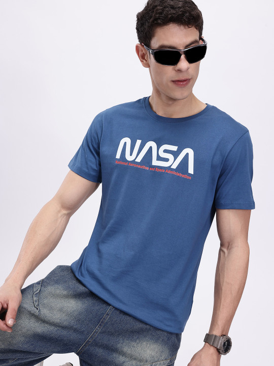 Minute Mirth Men’s NASA Typography Printed Pure Cotton T-shirt (Blue, Pack Of 1)
