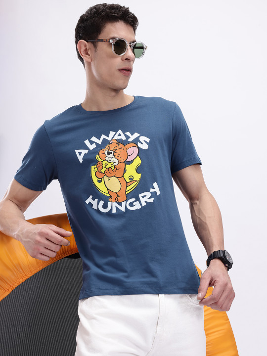 Minute Mirth Men’s Tom & Jerry Printed Pure Cotton Regular Fit T-shirt (Blue, Pack Of 1)